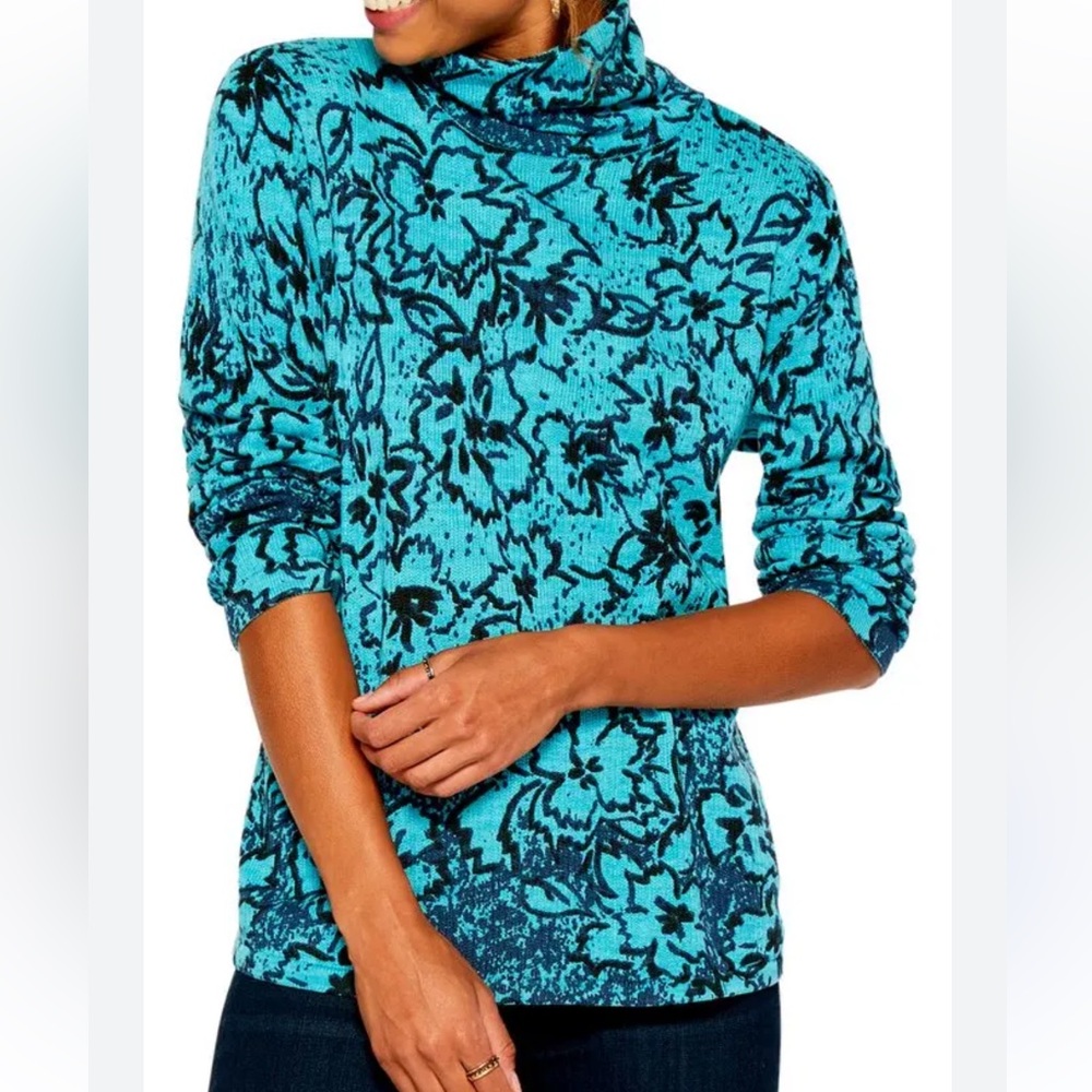 NIC+ZOE River Tundra Blue Floral Pattern Turtleneck/Cowl Neck Sweater | Size XS
